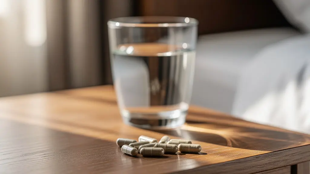 Probiotic capsules beside glass of water on bedside table for senior urinary health routine