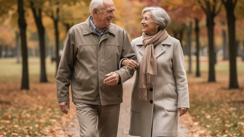Senior couple walking through park setting discussing urinary health and probiotics