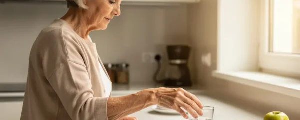 Senior woman reaching for supplements during morning breakfast routine in bright kitchen